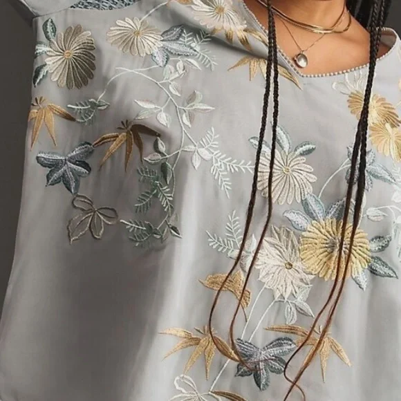 Anthropologie Tiny Frances Long Sleeve Ruffled Top Embroidered Blue Yellow - Picture 3 of 7